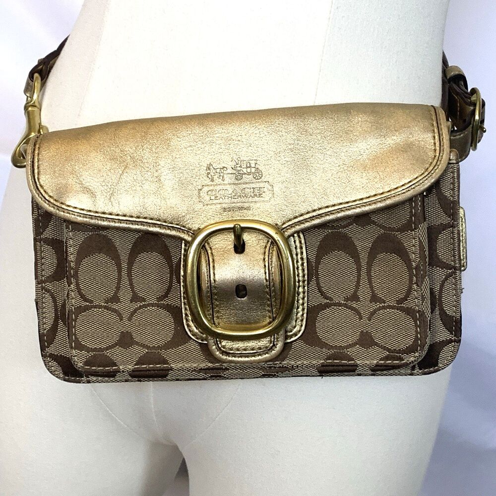 COACH Bleecker Signature C Canvas Belt Bag Waist Fanny Pack Gold Leather Trim